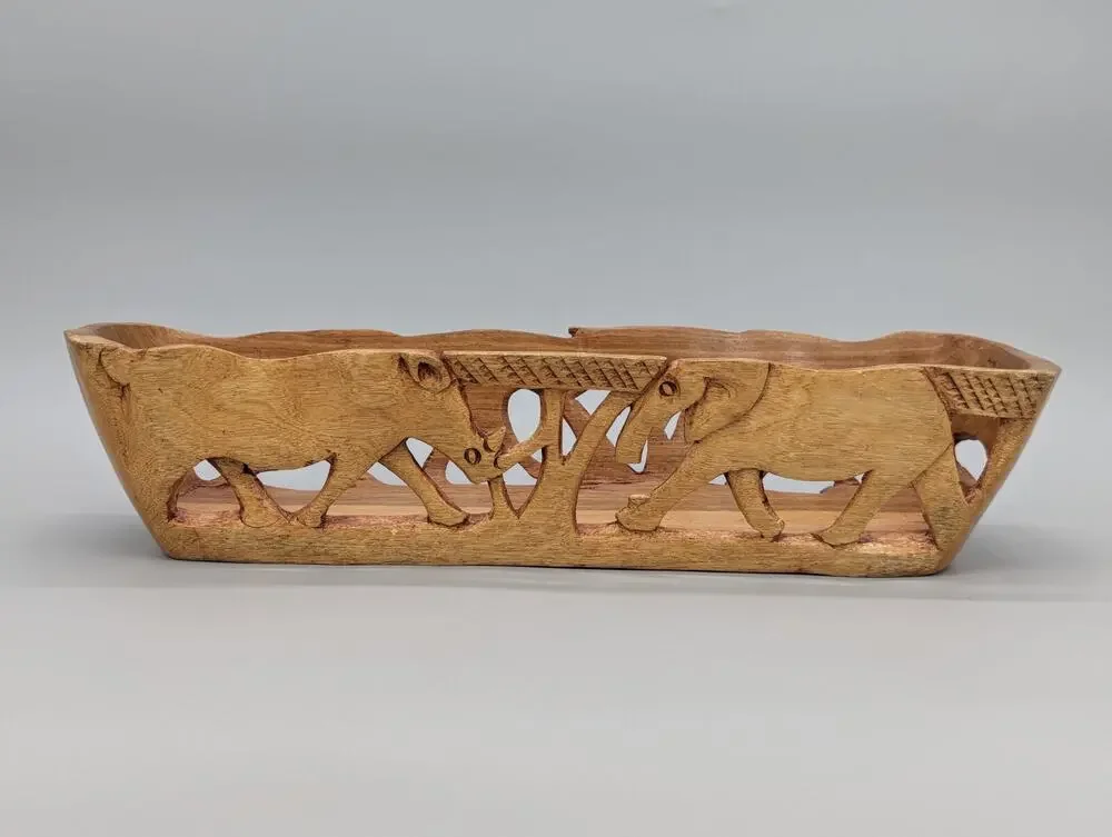 Safari African Hand Carved Wood Fruit Food Decorative Basket 14” Vintage